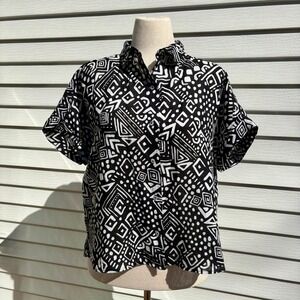 Tahari 100% Linen Pearl Button Top Women's L Black White Geometric Tribal Shirt